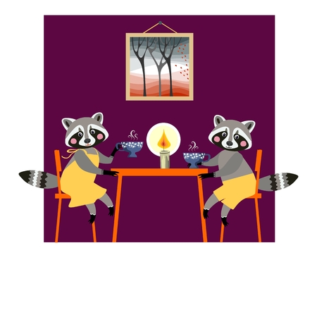 Cute raccoons drink tea. Teatime. Beautiful vector card with cartoon animal characters.のイラスト素材