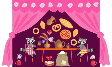 Family dinner. Beautiful vector card with cartoon animal characters. Tea party with cute raccoons. Teatime.のイラスト素材