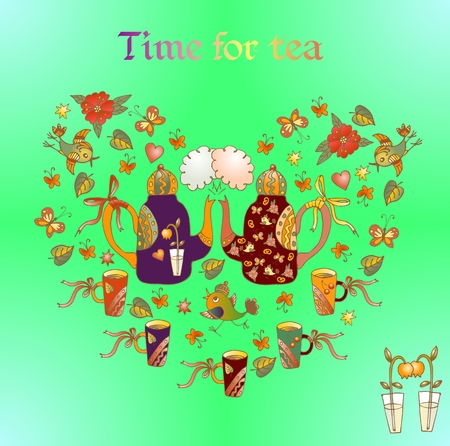 Cute heart from cartoon teapots, cups, birds, butterflies and flowers.の写真素材
