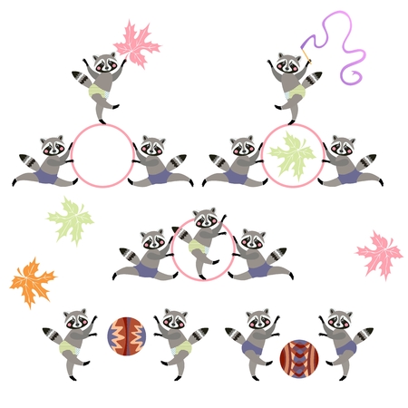 Cute raccoons - young sportsmen. Set of cartoon animals. Vector illustration.のイラスト素材