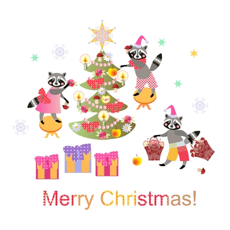 Merry Christmas! Cute raccoons decorate the Christmas tree. Vector card.のイラスト素材