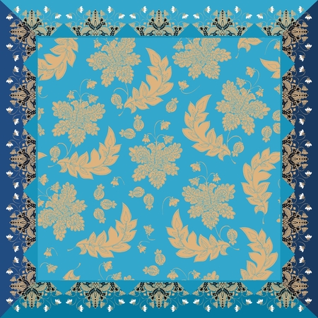 Lovely tablecloth or bandana print with enchanted vintage floral ornament in blue and golden tones. Kerchief, napkin, packaging design.のイラスト素材