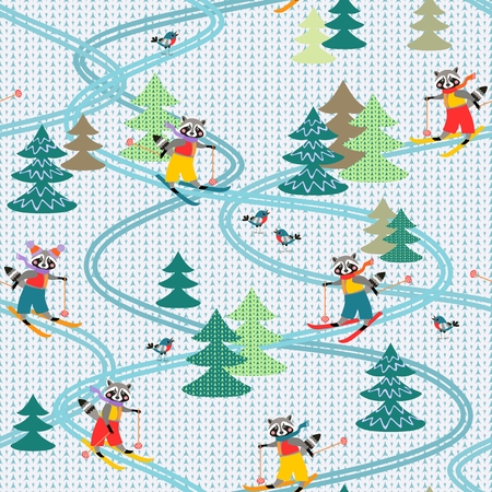 Cute funny raccoons on skiing. Winter seamless pattern. Stylized knitted fabric. Christmas background.のイラスト素材
