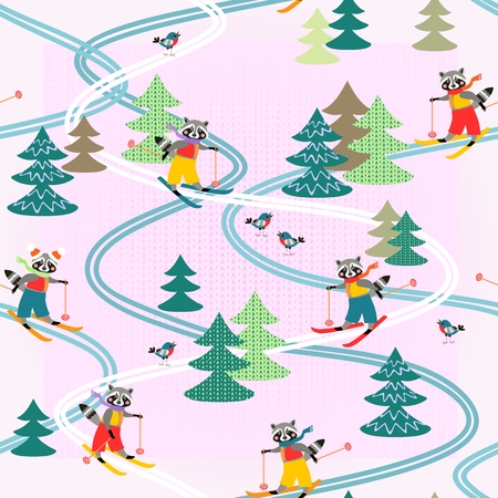 Cute funny raccoons on skiing in morning forest. Winter seamless pattern. Stylized knitted fabric. Christmas background.のイラスト素材