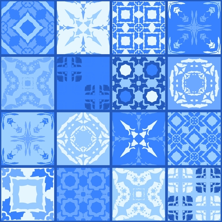 Moroccan ceramic tiles in bright blue tones. Cute patchwork pattern. Pillowcase. Beautiful vector illustration.のイラスト素材