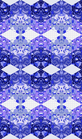 Colorful floral patchwork with cups of tea in blue tones. Seamless quilting design.