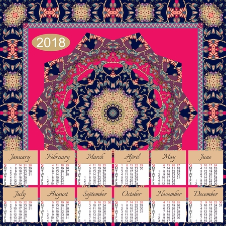 Calendar for 2018 year on ethnic ornamental background. Mandala pattern. Week starts on sunday. Vector template.のイラスト素材