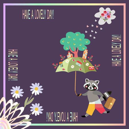 Have a lovely day! Beautiful card with cute raccoon, umbrella and magic town.のイラスト素材