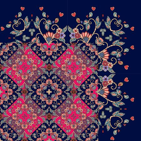 Quarter of the ethnic bandana print. Silk neck scarf with beautiful flowers and leaves. Rug. Vector illustration.のイラスト素材