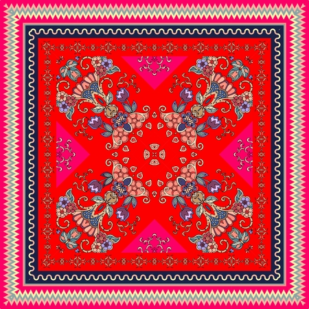 Lovely tablecloth in oriental style with ornamental border. Bright indian scarf with unusual floral pattern. Scawl.のイラスト素材