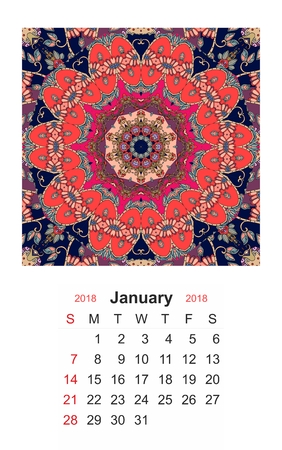 Calendar for 2018 year on indian ornamental background. Mandala pattern. Week starts on sunday. Vintage design. January.のイラスト素材