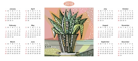 Calendar for 2018 year with hand drawn doodle houseplant in flowerpot.  Week starts on sunday.のイラスト素材