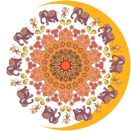 Sun and moon. Beautiful picture with flower - mandala, cute cartoon elephants and dancing monkeys. Vector illustration. Bandana print, greeting card, wedding invitation, wrapping design, tablecloth.のイラスト素材