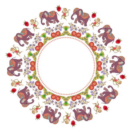Beautiful round frame with flowers, cute cartoon elephants, dancing monkeys and raspberries. Vector illustration.のイラスト素材