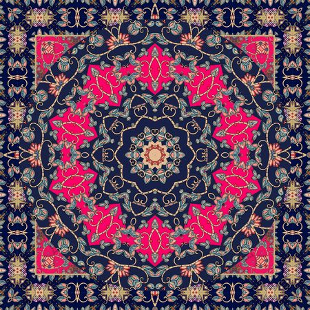 Carpet. Lovely tablecloth in ethnic style with cute kissing birds. Shawl. Bandana. Vector. Boho design. Scarf. Wedding invitation.のイラスト素材