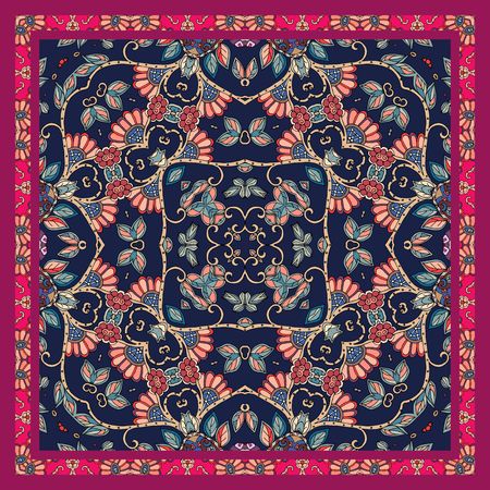 Bright shawl in ethnic style with ornamental frame. Beautiful vector illustration. Square pattern. Festive tablecloth. Ceramic tile.のイラスト素材