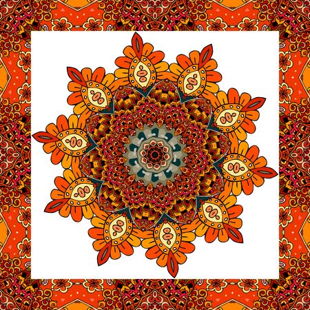 Greeting card or wedding invitation with flower - mandala in indian style. Lovely tablecloth, shawl, beautiful blanket, festive pillowcase, carpet. Print for fabric, wrapping design. Vector image.のイラスト素材