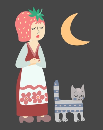 Strawberry and cat. Book illustration with cute cartoon characters. Vector image.のイラスト素材