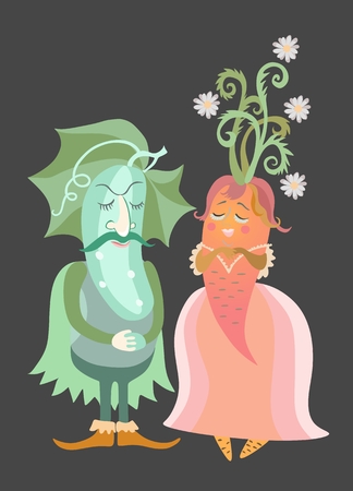 Cucumber and carrot. Wedding invitation with cute cartoon vegetables isolated on black background.のイラスト素材