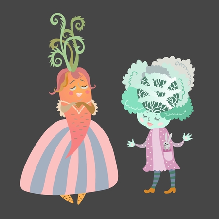 Carrot and cabbage. Greeting card with cute cartoon vegetables on black background. Vector image.のイラスト素材