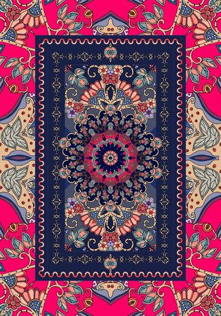 Beautiful carpet in indian style with ornamental frame and flower mandala. Bright vector illustration. Unique design.のイラスト素材