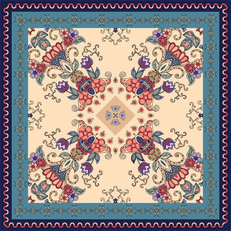 Napkin or lovely tablecloth with delicate floral ornament and border. Vector illustration.のイラスト素材