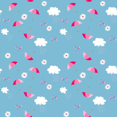Seamless summer ditsy pattern with umbrella, daisies, clouds, hearts and butterflies.のイラスト素材