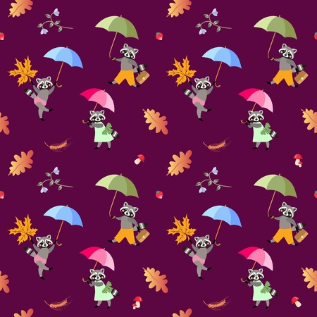 Seamless vector pattern with cute cartoon raccoons, umbrellas, autumn leaves, flowers, mushrooms and strawberries.のイラスト素材