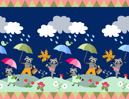 Cute seamless border with fairy tale raccoons and umbrellas. Unique vector illustration for baby.のイラスト素材