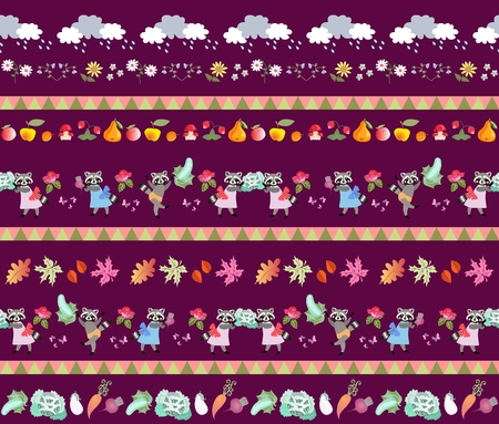 Harvesting. Seamless striped pattern with cute cartoon characters. Little raccoons, clouds, autumn leaves, fruits and vegetables. Fairy tale vector illustration for baby. Print for fabric, wallpaper.のイラスト素材