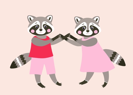 Cute raccoons holding hands.  Wedding invitation. Vector illustration. Friendship.のイラスト素材