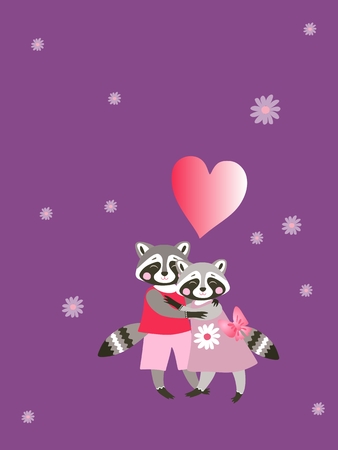 Lovely embracing raccoons, daisies and heart. Cute cartoon animals. Greeting card. Wedding invitation. Unique vector illustration.のイラスト素材
