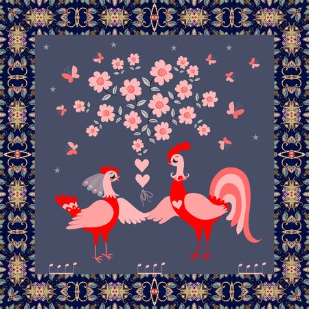 Greeting card, wedding invitation or beautiful square carpet with cute funny chicken and rooster, stylized flowering tree, ornamental frame and butterfly on dark gray background.のイラスト素材