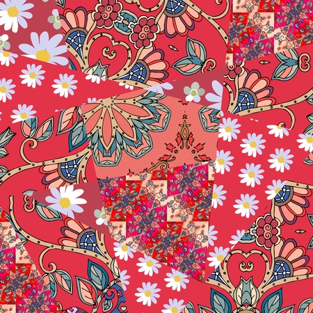 Patchwork floral pattern in red tones. Summer design. Print for fabric.のイラスト素材