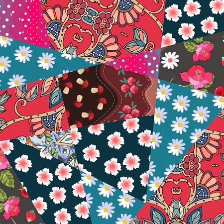 Patchwork floral pattern with daisies and roses. Summer design.のイラスト素材