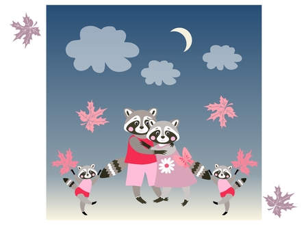 Baby shower invitation. Parents and twins - children. Vector illustration. Cute funny raccoons.のイラスト素材