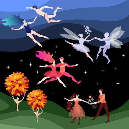 Four young couple, symbolizing four elements of astrology - water, fire, earth and air. Beautiful fantasy landscape.のイラスト素材