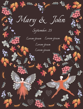 Cute wedding invitation with fairy elf dancers. Beautiful card with winged man and woman, different flowers,  leaves, ears of wheat, butterflies and place for text in heart shaped frame.のイラスト素材