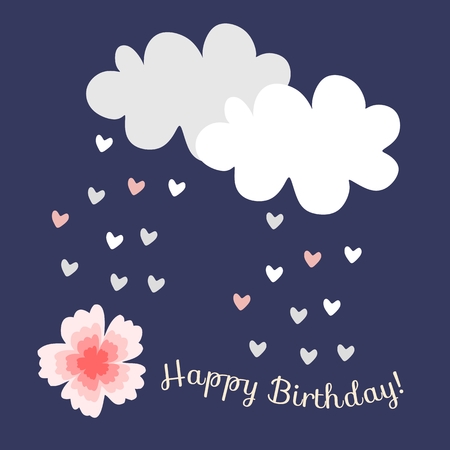 Greeting card Happy birthday with clouds and hearts - raindrops. Vector illustration.のイラスト素材