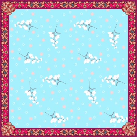 Beautiful napkin with ornamental frame and natural pattern with white bells flowers.のイラスト素材