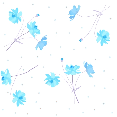 Cute ditsy floral pattern with sunny blue abstract cosmos and forget me not flowers, isolated on white background.のイラスト素材