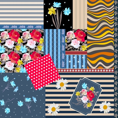 Floral, polka dot and striped patchwork pattern. Vector illustration. Summer design.のイラスト素材