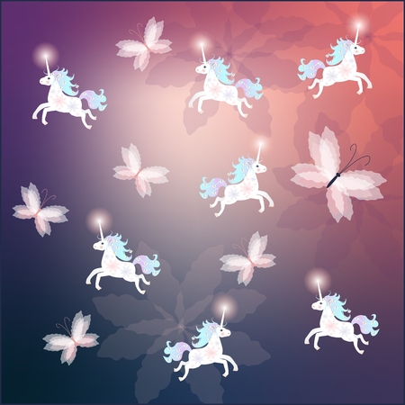 Cushion template with cute funny unicorns and beautiful butterflies.の写真素材