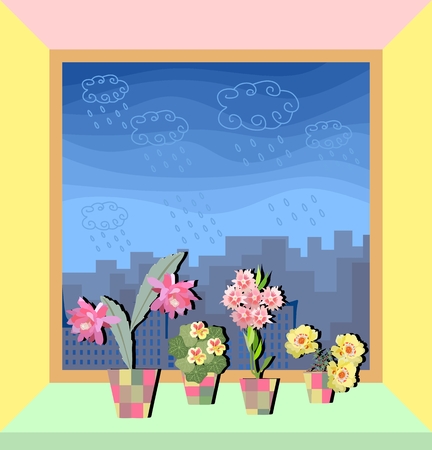 Window in apartment with cute flowers on the light green windowsill.のイラスト素材