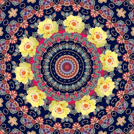 Ottoman ornamental pattern with wreath of yellow purslane flowers.のイラスト素材