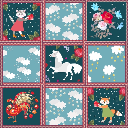 Patchwork pattern for kids with cute cartoon animals, clouds and ornamental frames.のイラスト素材