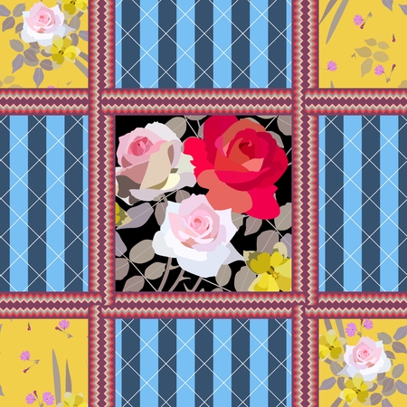 Seamless floral pattern with bouquets of roses and daffodils, zigzag frames and striped background. Vector summer design.のイラスト素材