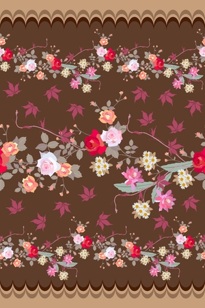 Seamless vector pattern with wreath of exotic flowers and wave's borders on brown background.のイラスト素材