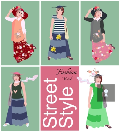 Fashion week. Street style. Poster with five abstract fashion models, stylized image of keyhole and text.のイラスト素材