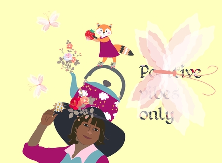 Positive vibes only. Thinking concept. Beautiful card with funny characters.のイラスト素材